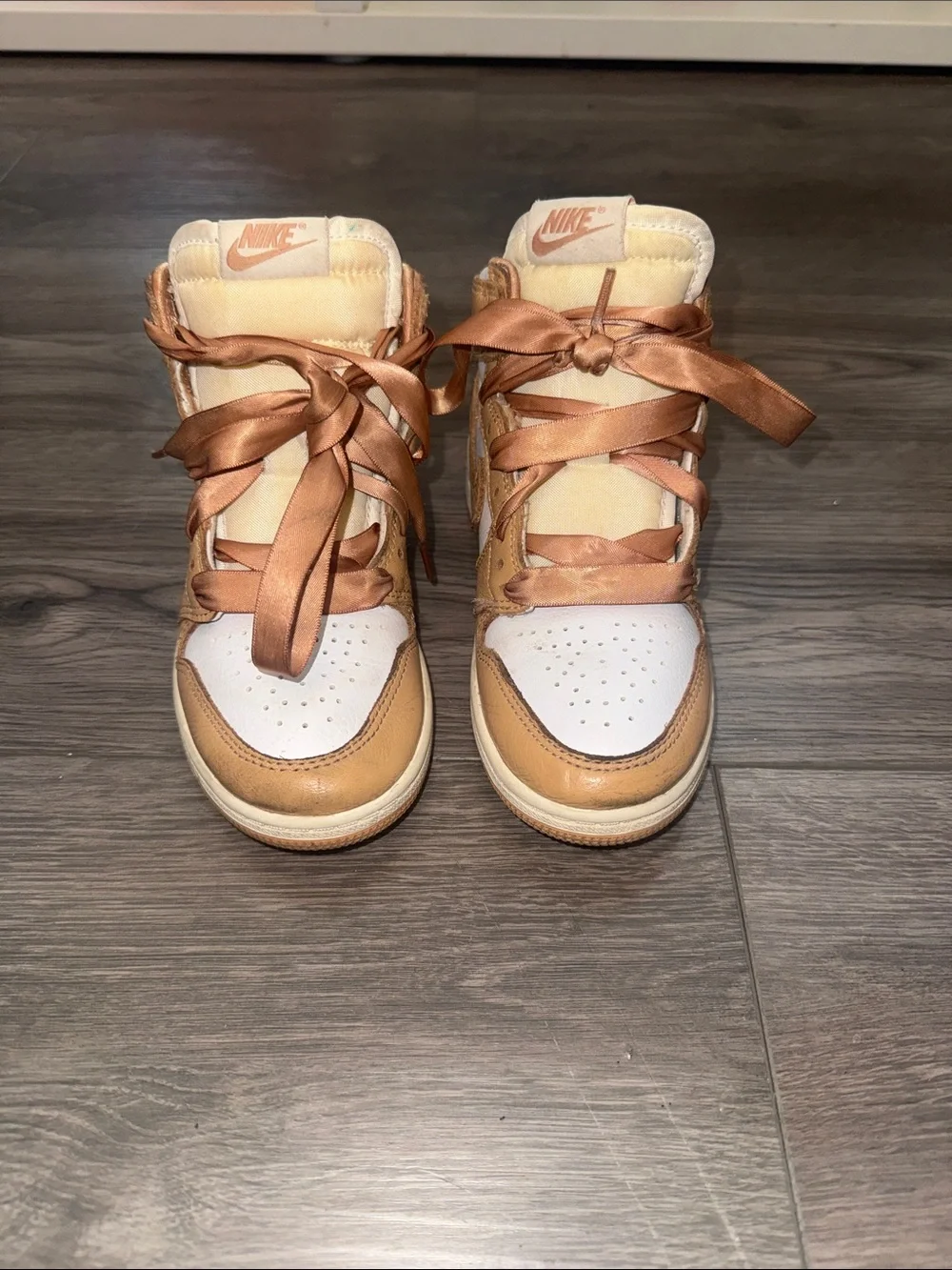 Nike Women’s High-Top Sneakers in Tan and White with Satin Laces